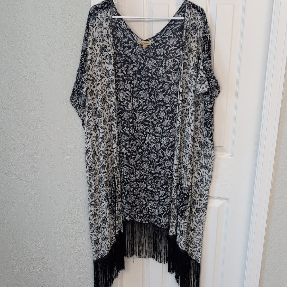Democracy Navy and White Floral Poncho with Fringe